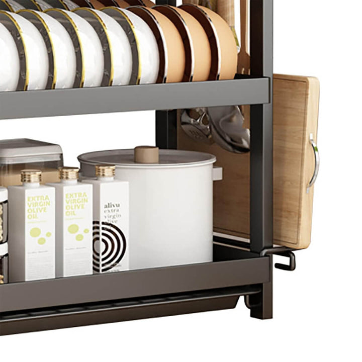 Top tier holds plates, bottom shelves for bowls and mugs