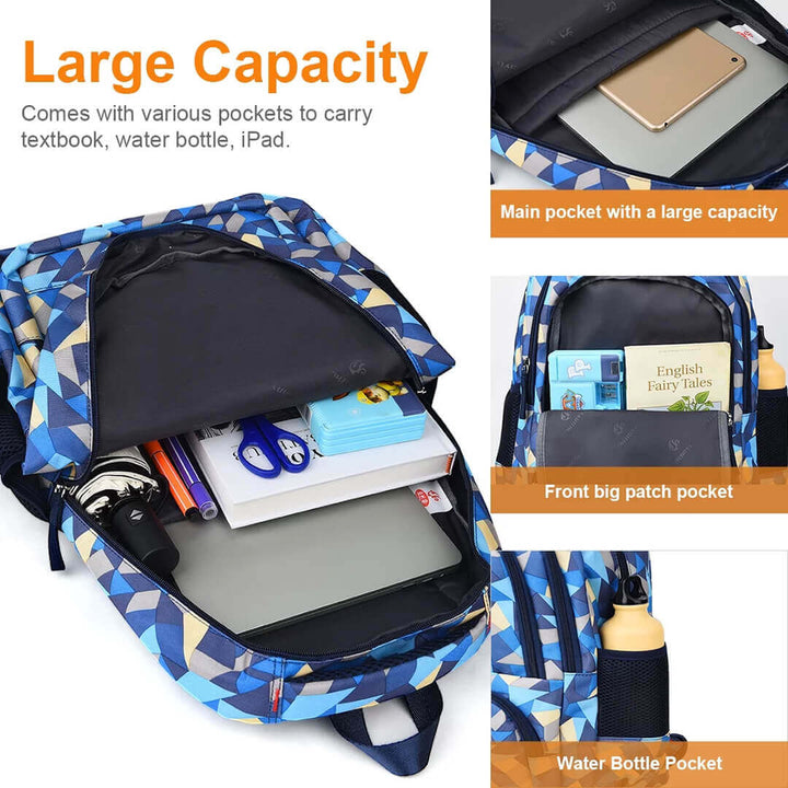Blue geometric-patterned backpack with various pockets, large capacity