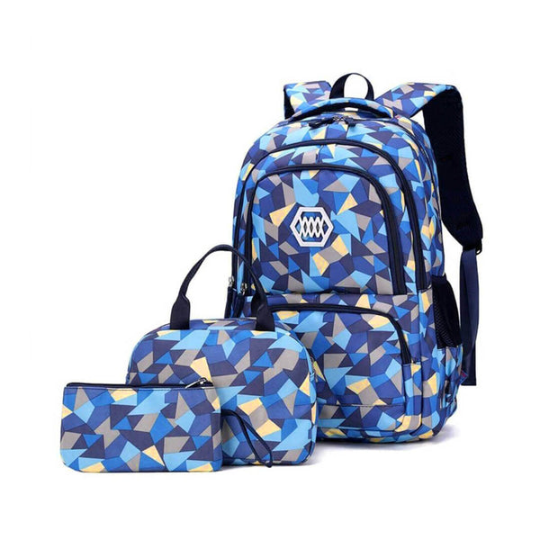 Blue geometric-patterned backpack, lunch bag, and pencil case