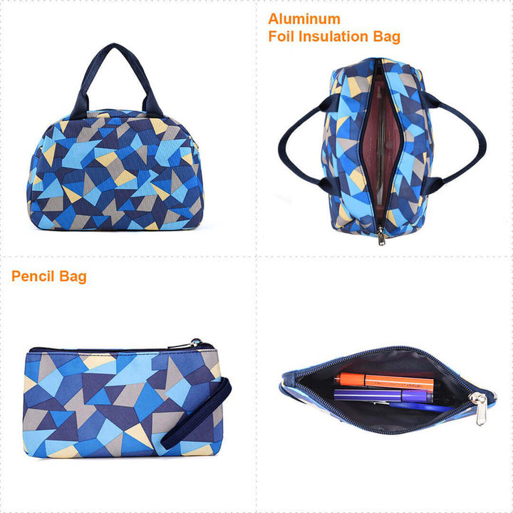 Blue geometric-patterned insulated lunch bag and a pencil case
