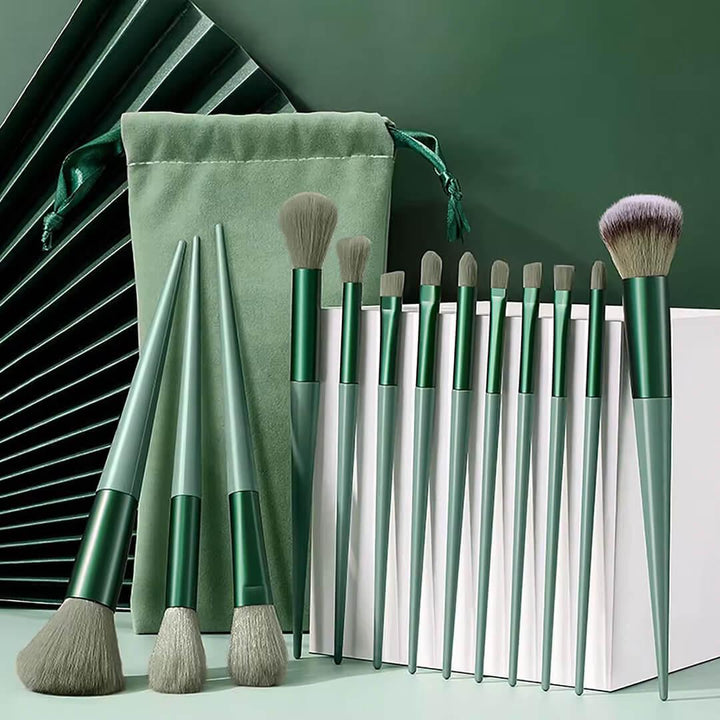 13 Pieces Makeup Brushes Full Set with Bag - Green