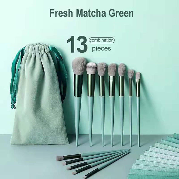 13 Pieces Makeup Brushes Full Set with Bag - Green