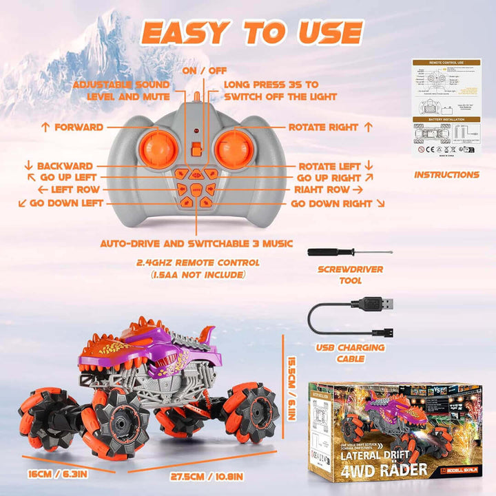 360 Spin Remote Control RC Dinosaur Monster Truck with LED Lights