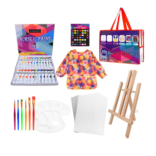 Art gift set with apron, brushes, and palette in a portable bag