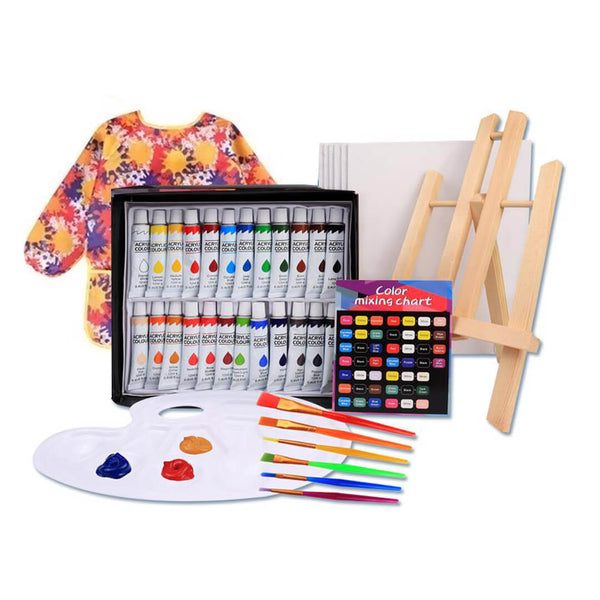 Art supplies with paint tubes, brushes, easels, and apron and a color mixing chart 