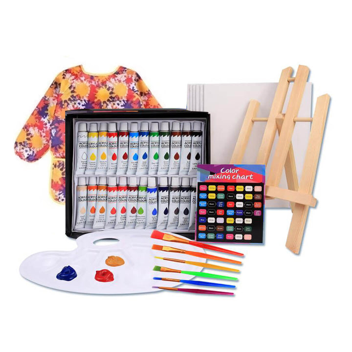Art supplies with paint tubes, brushes, easels, and apron and a color mixing chart 