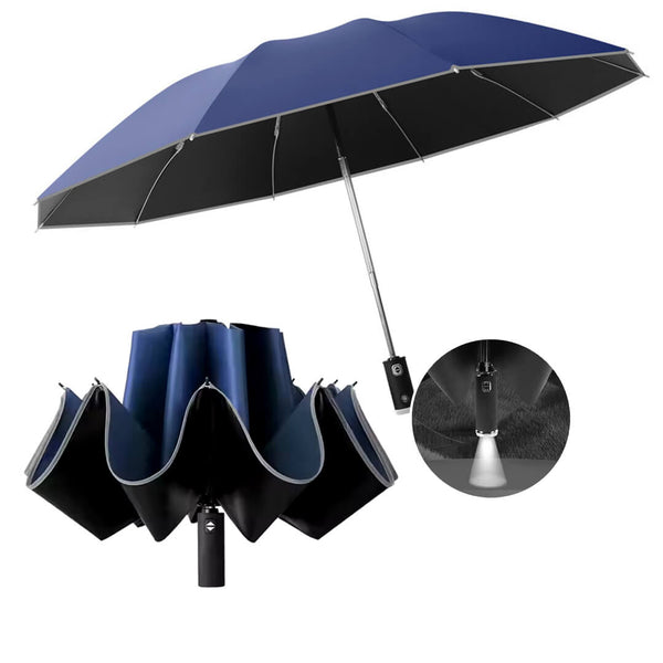 Windproof Automatic 3-Fold Inverted Umbrella with Built-In LED Light - Navy