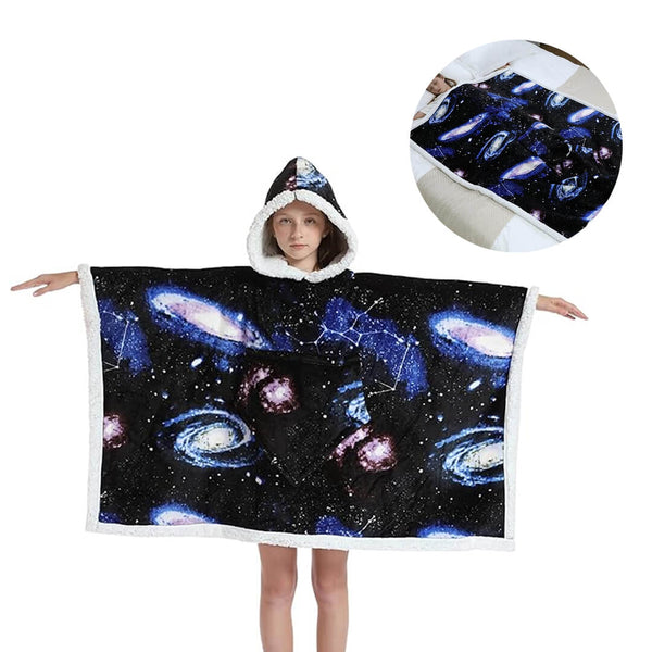 2-in-1 Kids Fleece Hoodie Blanket – Dark Blue Planets