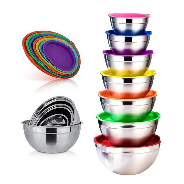 7Pcs Stainless Steel Salad Bowl Set With Lid - 18-30Cm