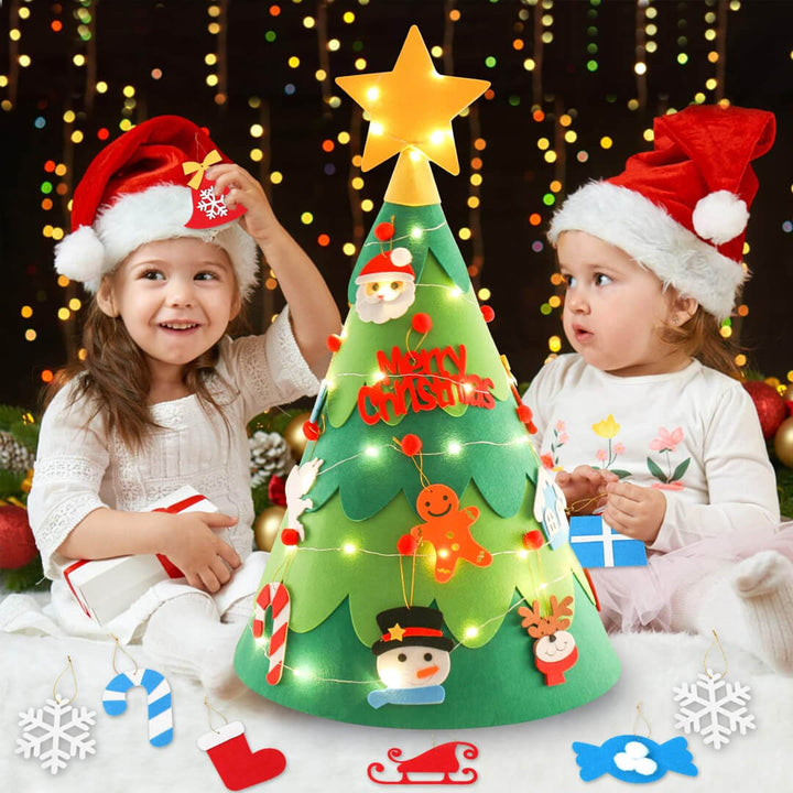 Foldable 3D felt Christmas tree for kids with ornamensta nd light to decorate