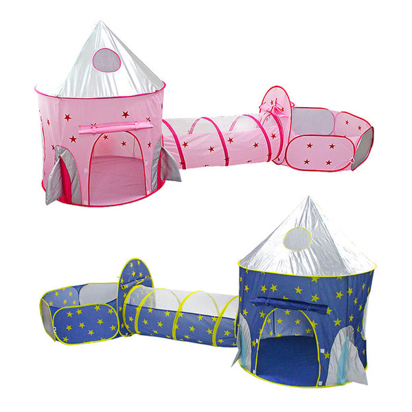 Space-themed 3-in-1 play tent for kids with stars and silver top in blue and pink color