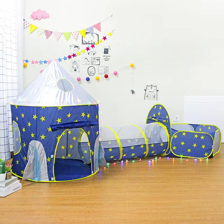 Star-themed pop-up blue play tent with tunnel and pit