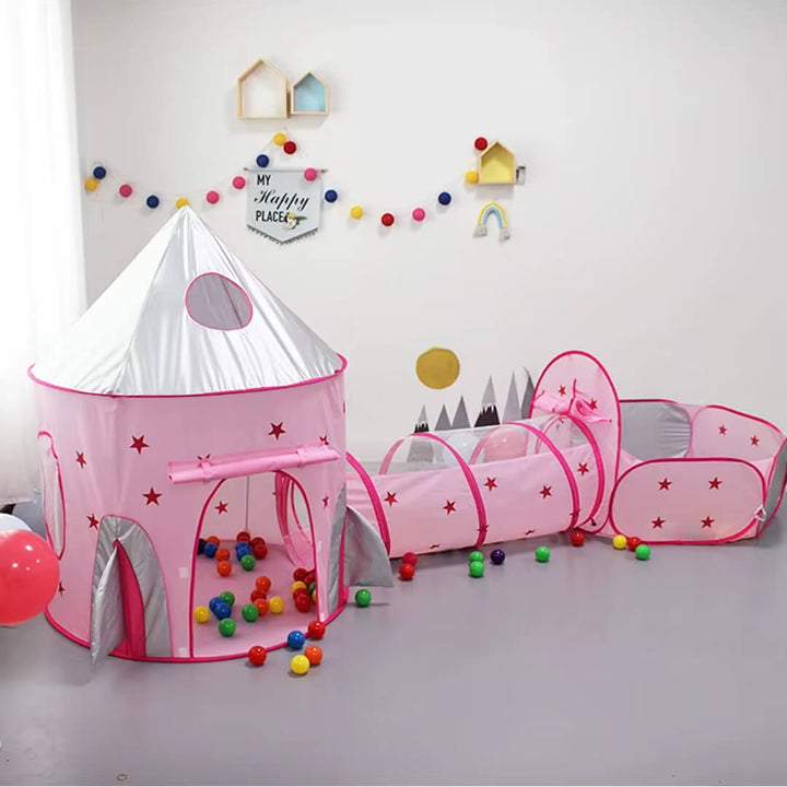 Star-themed pop-up pink play tent with tunnel and ball pit