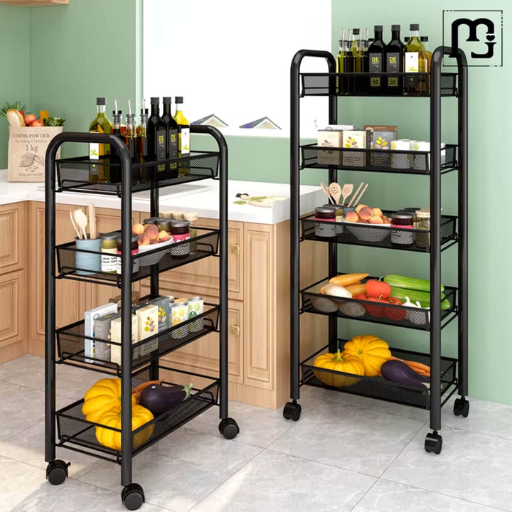 4 Layers Steel Movable Kitchen Cart - Black & White