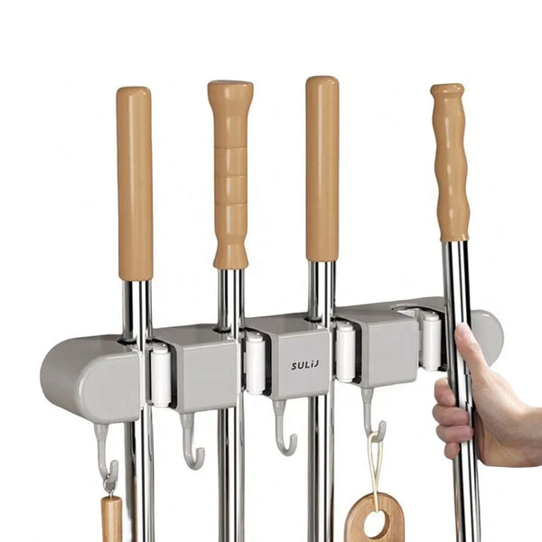 4 compartments Wall Mount Self-Adhesive Mop & Broom Holder