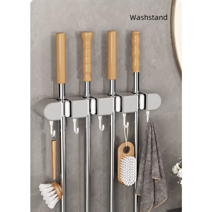4 compartments Wall Mount Self-Adhesive Mop & Broom Holder