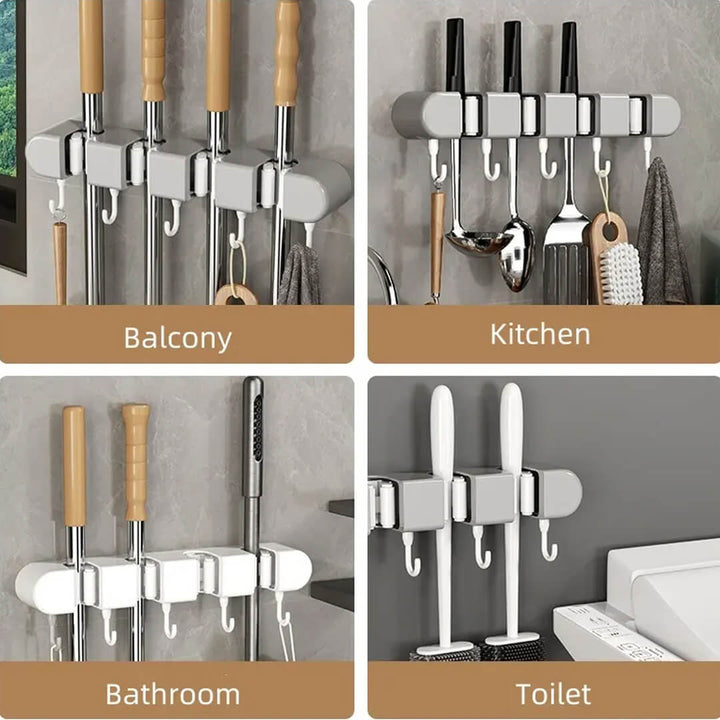 4 compartments Wall Mount Self-Adhesive Mop & Broom Holder