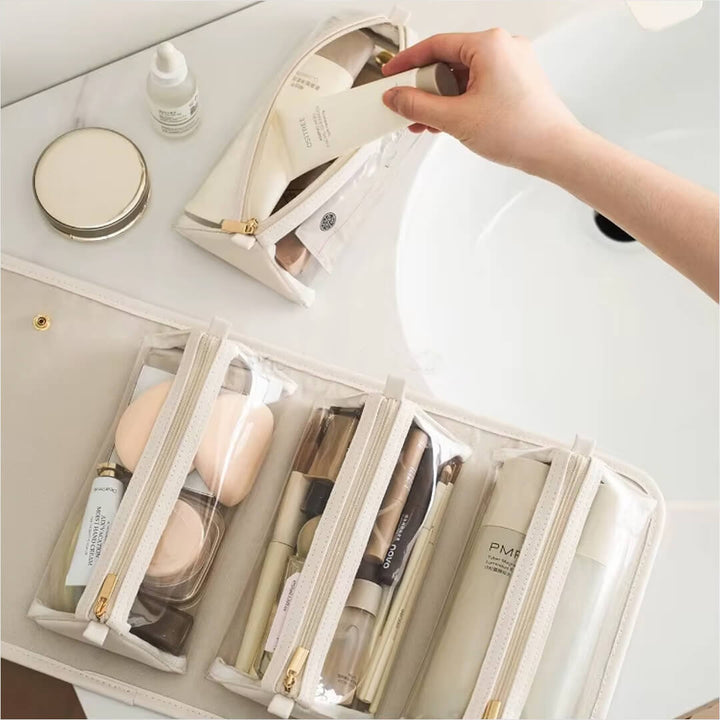 4-in-1 Roll-Up Makeup Organizer – Detachable Clear Pouches