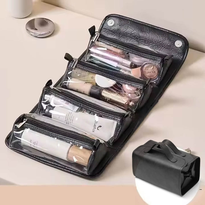 4-in-1 Roll-Up Makeup Organizer – Detachable Clear Pouches Black