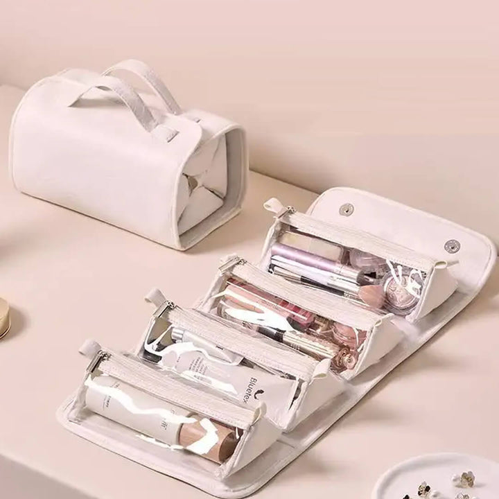 4-in-1 Roll-Up Makeup Organizer – Detachable Clear Pouches White