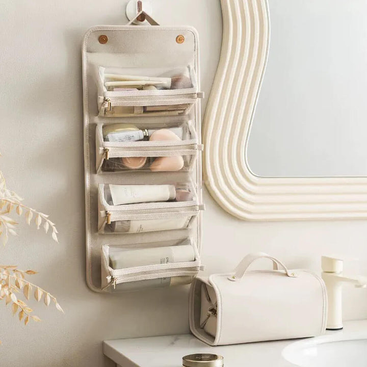 4-in-1 Roll-Up Makeup Organizer – Detachable Clear Pouches