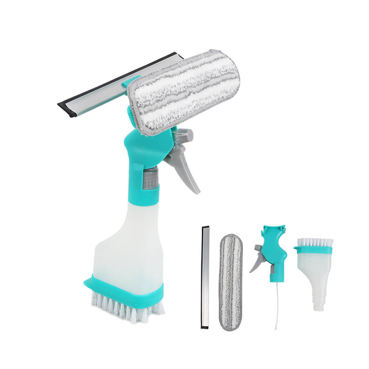 All-in-one window cleaner tool with wiper, sprayer, and scraper