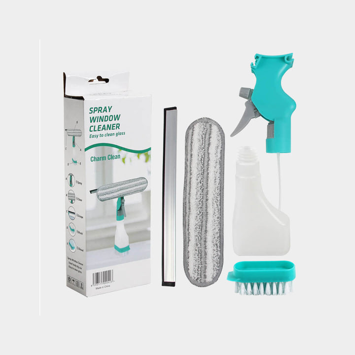 Window cleaning kit with 4-in-1 design for glass, mirrors and car cleaning