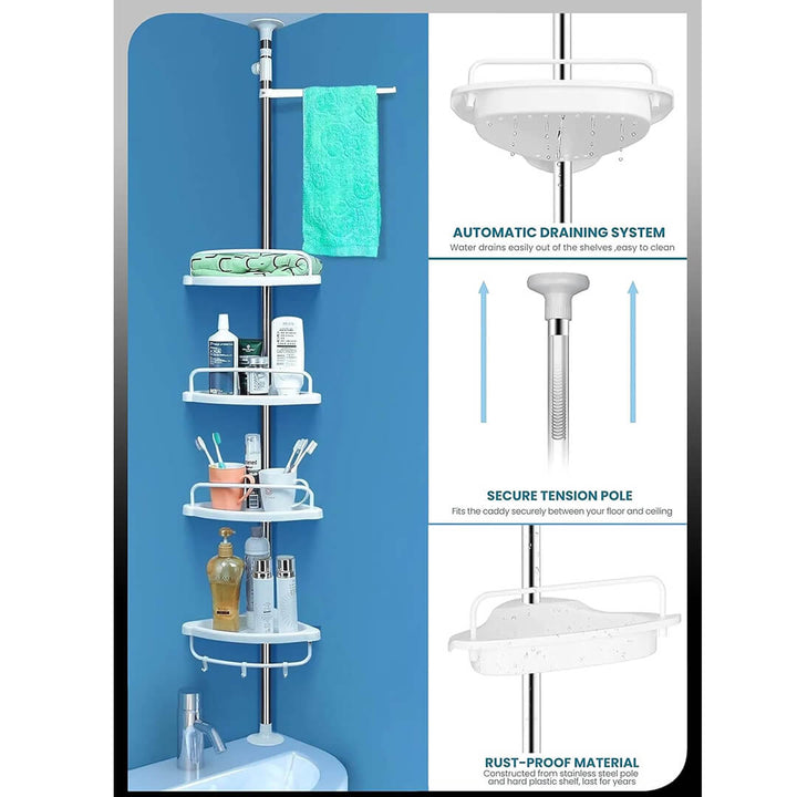 Adjustable corner rack with hooks and towel bar
