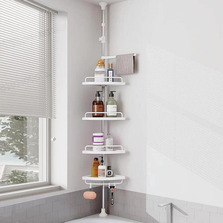 4-tier bathroom corner caddy holding shampoo and soap