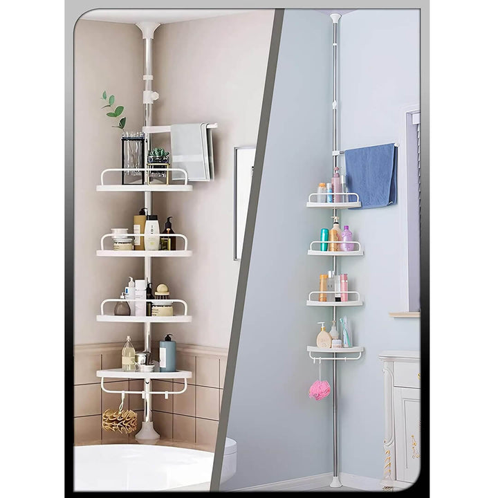 Adjustable corner shelf installed in a shower with bottles and towels, white