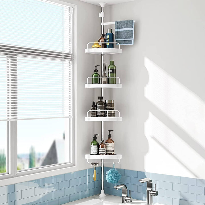 Telescopic corner shelf installed in a shower with bottles and towels