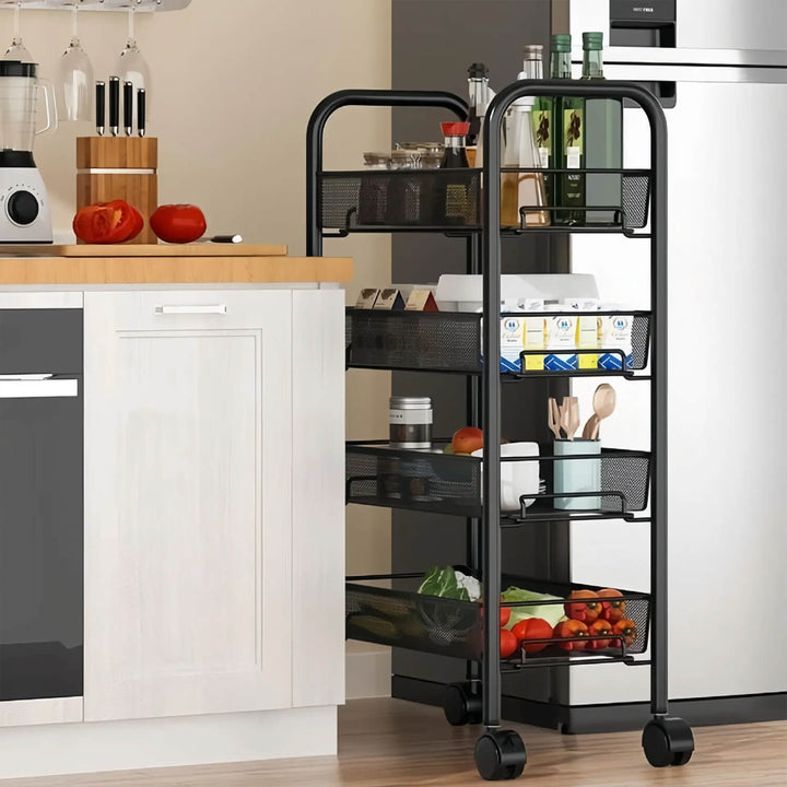 4 Layers Steel Movable Kitchen Cart - Black & White