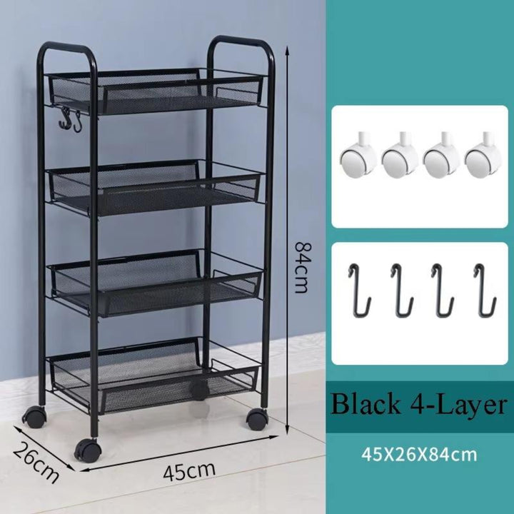 4 Layers Steel Movable Kitchen Cart - Black & White