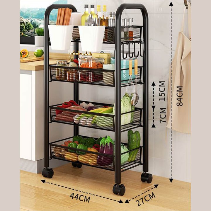 4 Layers Steel Movable Kitchen Cart - Black & White