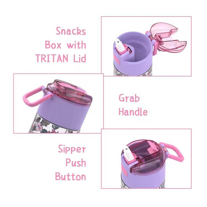 BPA FREE Water Bottle with Integrated Flip-Lid Snack Box for Girls - 450ml