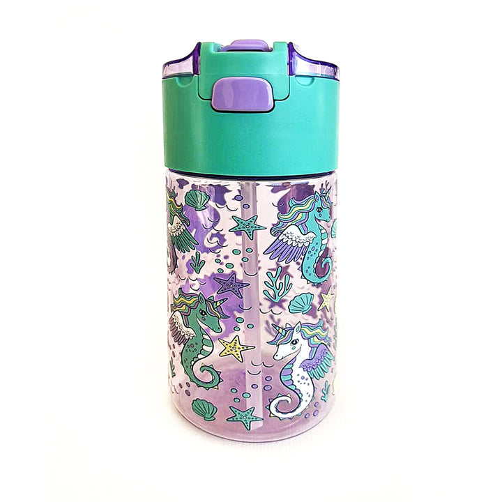 BPA FREE Water Bottle with Integrated Flip-Lid Snack Box for Girls - 450ml Seahorse