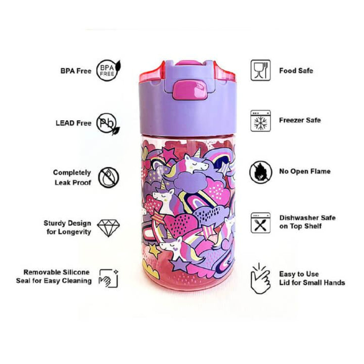 BPA FREE Water Bottle with Integrated Flip-Lid Snack Box for Girls - 450ml