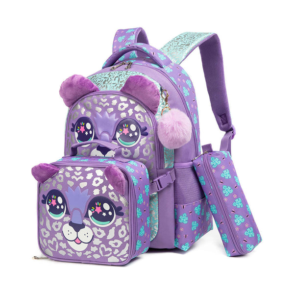 Cute 3-Piece Girls Backpack Set - Leopard Style in Purple and Teal