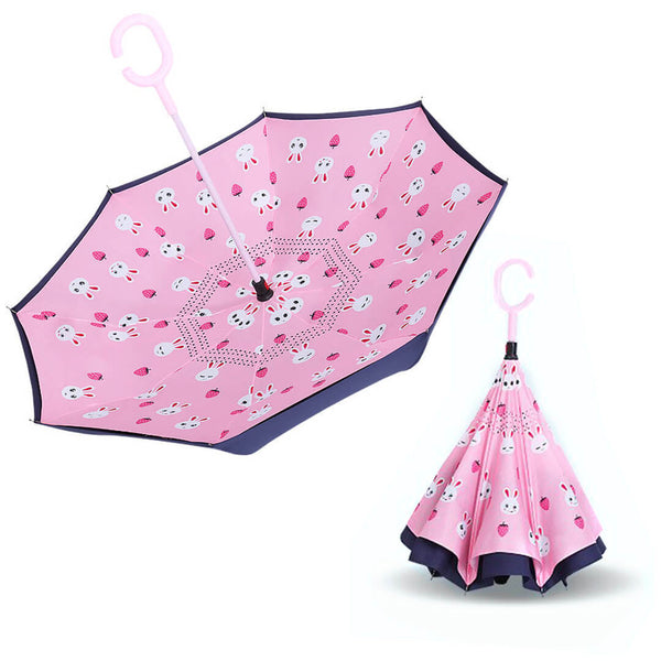 Double-Layer Kids Windproof Inverted Umbrella with C-Handle - Rabbit