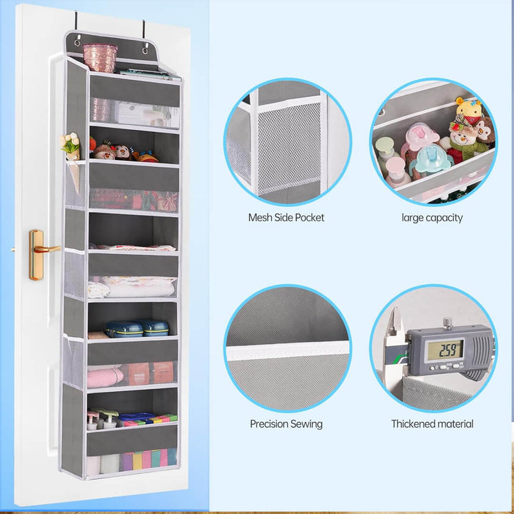 Door Fabric hanging storage organizer with 5 compartments and mesh side pockets for towels, baby items and accessories