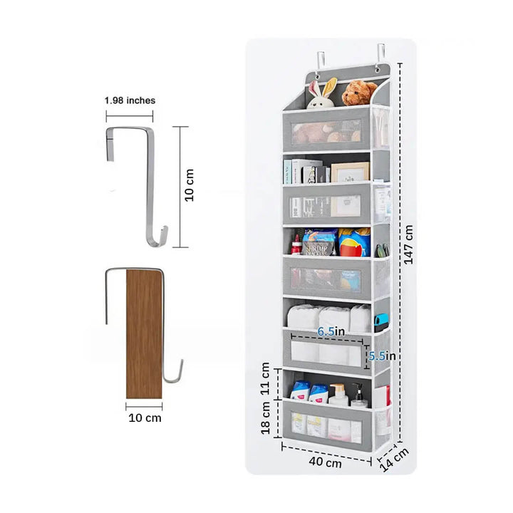 Behind hanging storage organizer with 5 compartments and mesh side pockets, dimensions
