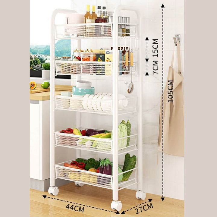 5 Layers Steel Movable Kitchen Cart - Black & White