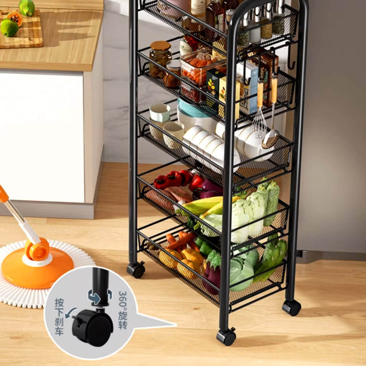 5 Layers Steel Movable Kitchen Cart - Black & White