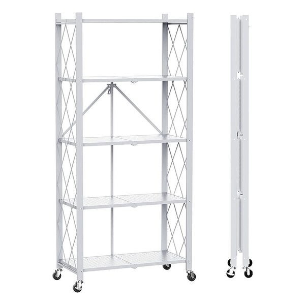 Foldable 5-Layer Metal Shelves with Wheels – White