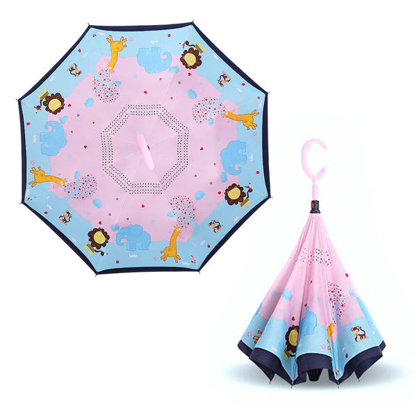 Double-Layer Kids Windproof Inverted Umbrella with C-Handle - Pink Zoo