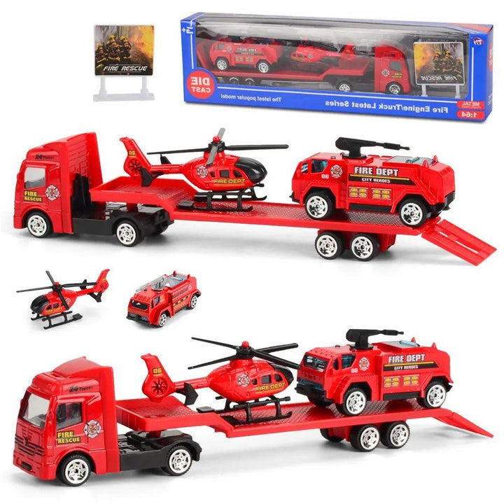 Compact Vehicle Trailer Truck Set - Red Fire, Blue Police, Yellow Construction