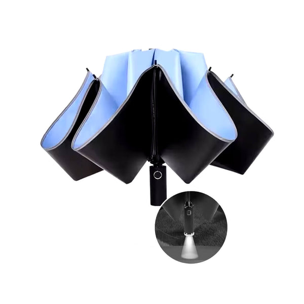 Windproof Automatic 3-Fold Inverted Umbrella with Built-In LED Light - Blue