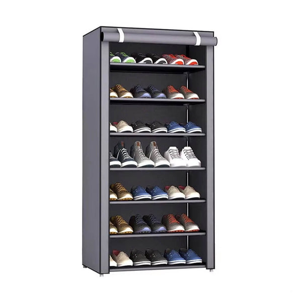 7-tier grey fabric rack for clothes, shoes, and home accessories.