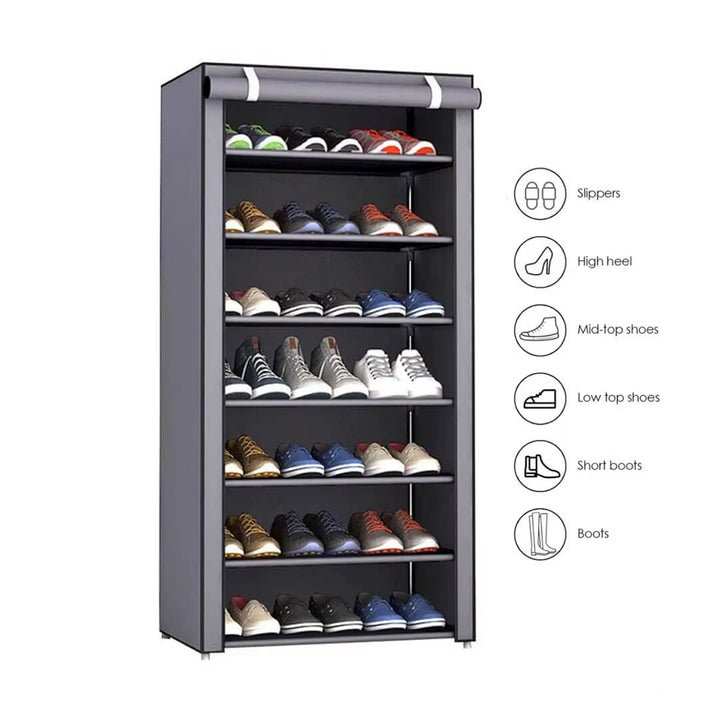 Cabinet storage unit with 7 layers and fabric dust cover.
