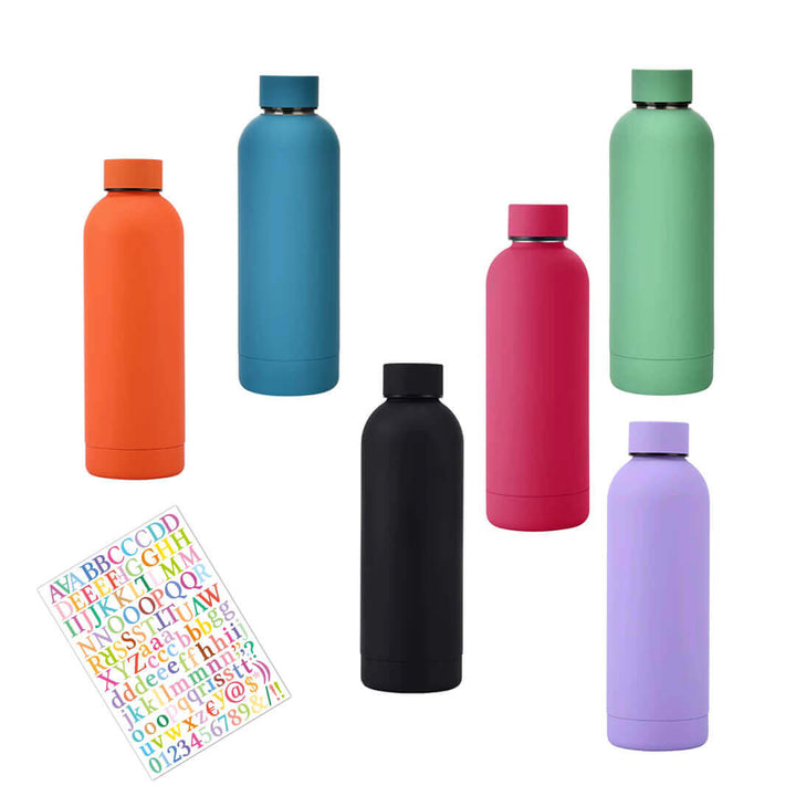 750 ml stainless water bottle with 
alphabets stickers
